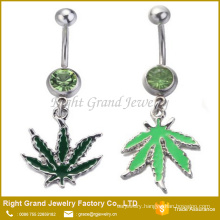 Surgical Steel Green Pot Leaf Enamel Rhinestone Dangle Belly Button Rings Piercing